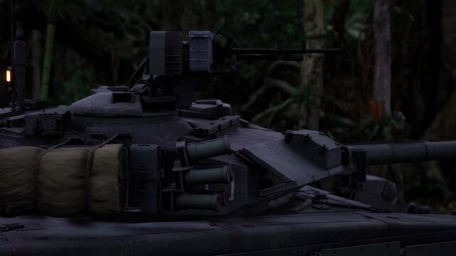Dusk tank stationary under thick canopy, low horizon light outlines turret and hull, quiet watchful mood with mossy tracks and cool color palette, atmosphere