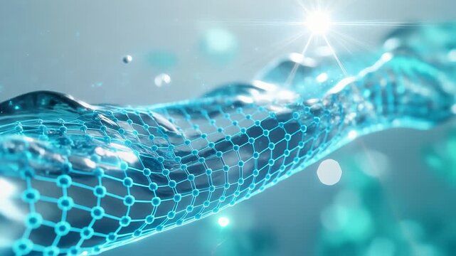 Advanced nano filtration system with glowing blue mesh and clear water stream for sustainable water treatment and environmental technology concept