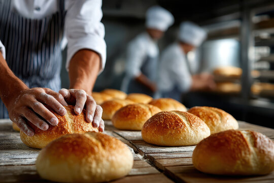 Bakers at work creating fresh artisan loaves in a bustling bakery environment
