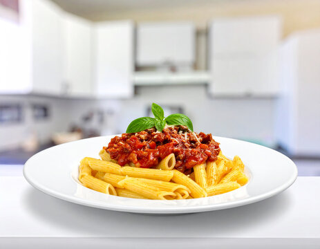 A plate of pasta with tomato sauce and basil on a kitchen counter