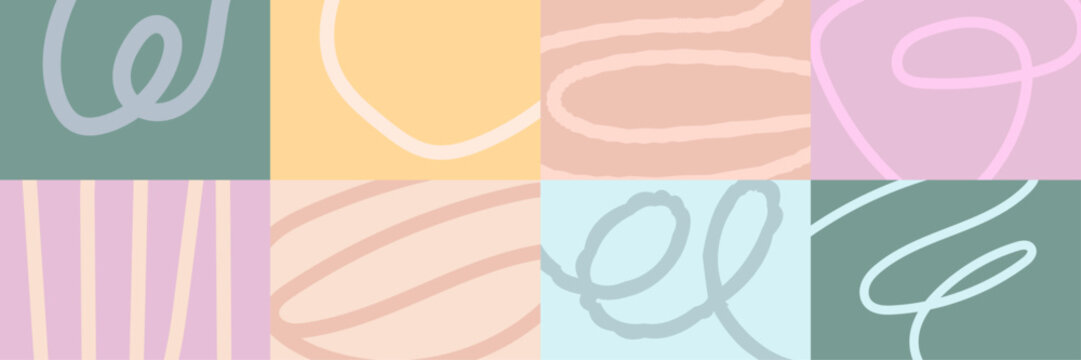 Set of abstract pastel backgrounds with minimalist hand-drawn lines and curves