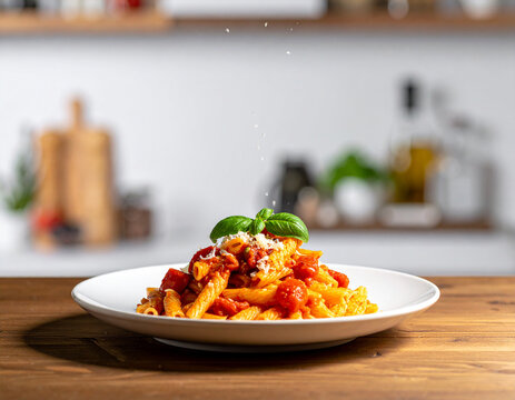 A plate of delicious pasta with tomato sauce and basil on a kitchen table