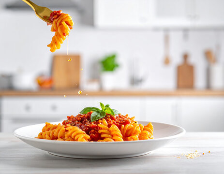 A plate of pasta with tomato sauce and basil on a kitchen counter