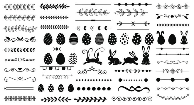 Collection of black and white vector graphic elements featuring decorative dividers and easter bunny illustrations