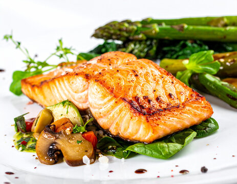 A plate of grilled salmon with asparagus and mixed vegetables on a white plate