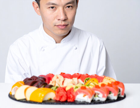 A chef presents a large platter of assorted sushi rolls and sashimi