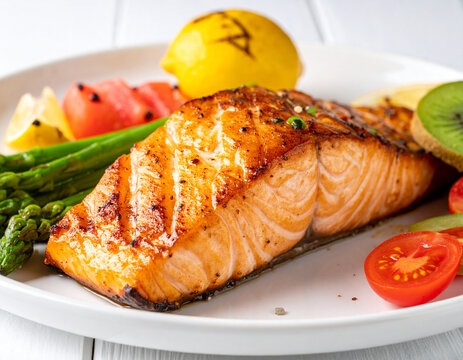 A grilled salmon fillet with vegetables and lemon on a white plate