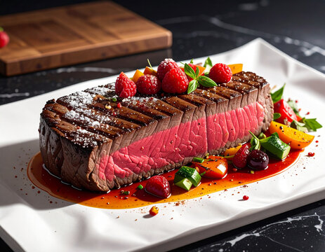 A grilled steak with pink center on a white plate garnished with various fruits