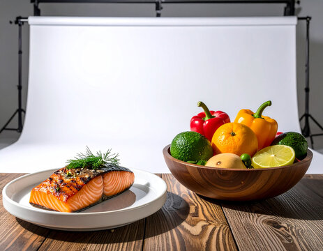 A plate of grilled salmon and a bowl of fresh vegetables on a wooden table in a studio setting
