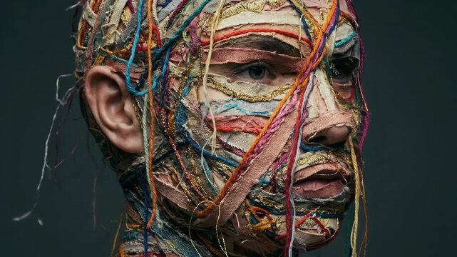 Close Up of Human Face Wrapped in Colorful Yarn and Thread