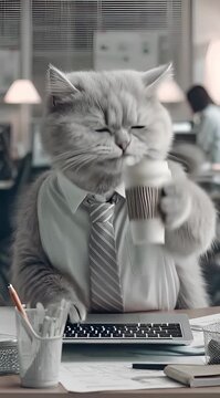 Un gato persa con traje y corbata teclea en un ordenador en una oficina.