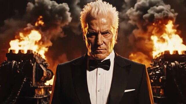 Intense portrait of a distinguished older man in a tuxedo against industrial fire