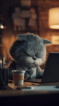 Un gato gris con traje, visiblemente frustrado, gesticula frente a un port&aacute;til.