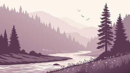 Misty River Valley with Forest and Soft Morning Fog Landscape © Chamok Chandra