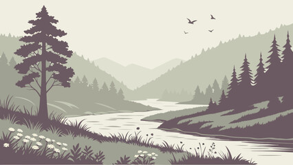 Misty River Valley with Forest and Soft Morning Fog Landscape © Chamok Chandra