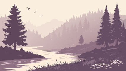 Misty River Valley with Forest and Soft Morning Fog Landscape © Chamok Chandra