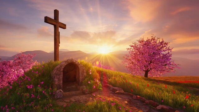The empty tomb and cross on a hill at sunrise on easter morning. A beautiful spring landscape symbolizes the resurrection of jesus christ and the promise of new life