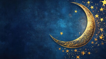 Fototapeta premium Gold crescent moon with Arabic calligraphy and stars on blue night sky background