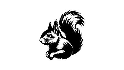 Naklejka premium Intricate black and white squirrel silhouette with detailed tail on white background