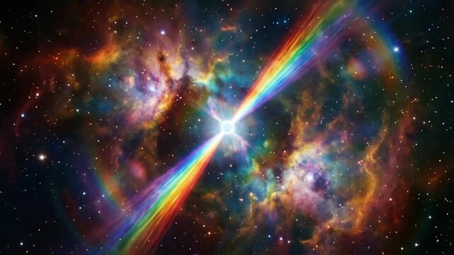 Rainbow Gamma Ray Burst Exploding in Deep Space Nebula 3D Render