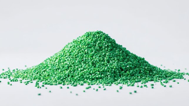 Pile of green plastic resin pellets isolated on white background