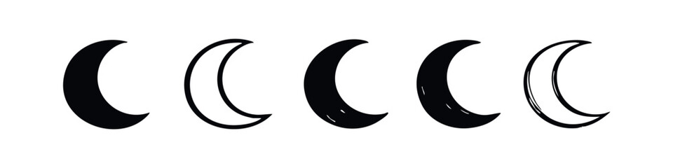 Assortment of black and white crescent moon icons with varying line art and fill styles on a white background