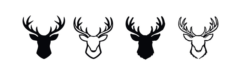 Deer Head with Antlers Icons Set. Forest Animal Vector Illustrations in Black and White.