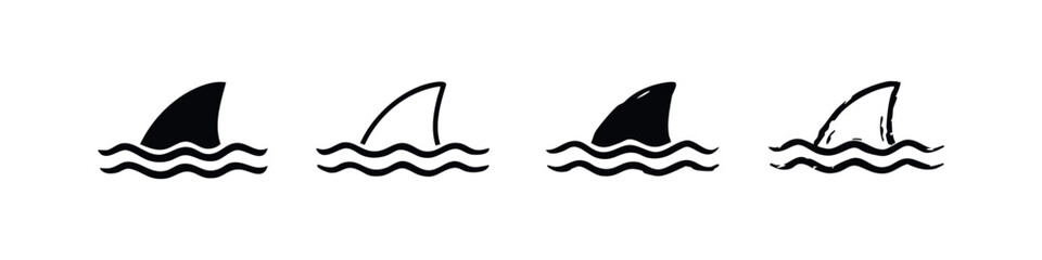 Obraz premium Hand drawn shark fin icon set with waves, danger in the water symbol, vector illustration.