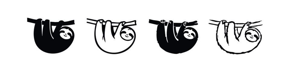 Stylized sloth hanging icons, solid and outline vector illustrations of a cute forest animal. © liubomir118809