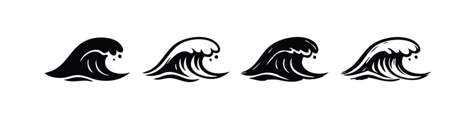 Obraz premium Set of Four Stylized Ocean Wave Icons, Crashing Water Symbols for Marine and Beach Designs