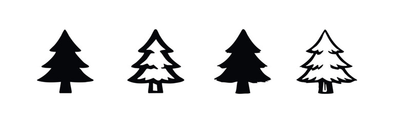 Fototapeta premium Four Stylized Pine Tree Icons Set for Forest and Nature Designs.