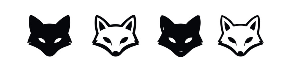 Four Stylized Fox Head Icons Set in Black and White Vector Format.