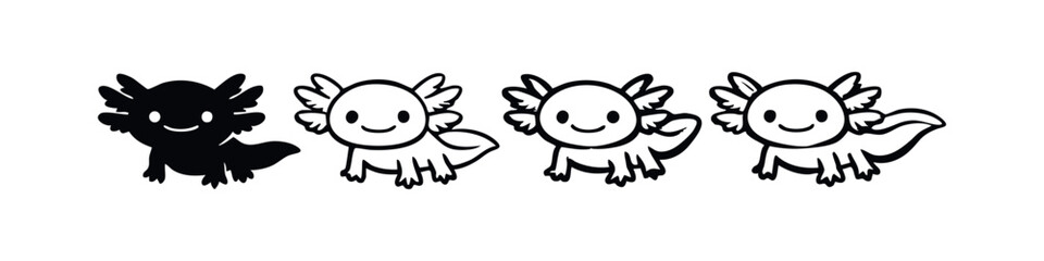 Cute Axolotl Vector Icon Collection. Black and White Smiling Amphibian Animal Illustrations.