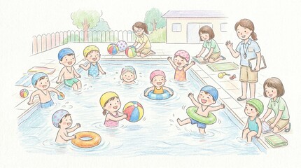 保育園のプールで水遊びを楽しむ子どもたちと先生の手描き風イラスト