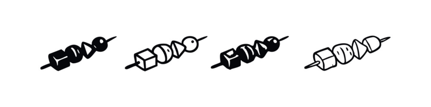 Hand-drawn Kebab Skewer Icon Set - Grilled Meat and Vegetable Food