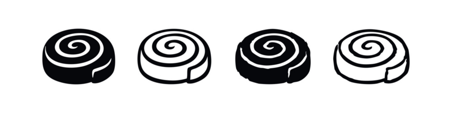 Black and white hand-drawn doodle cinnamon roll icon collection. Sweet baked pastry vector illustration.