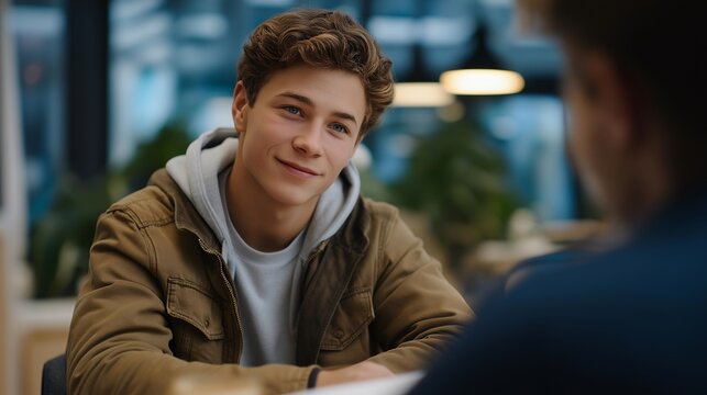 Volunteer mentor meeting weekly with a at risk teenager over coffee to provide guidance and positive influence, perfect for youth mentoring volunteering, teenage support service, community