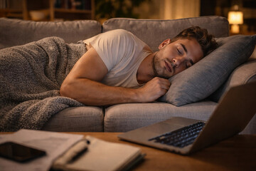 Obraz premium Young man sleeping on sofa at night with laptop on table, work life balance concept.