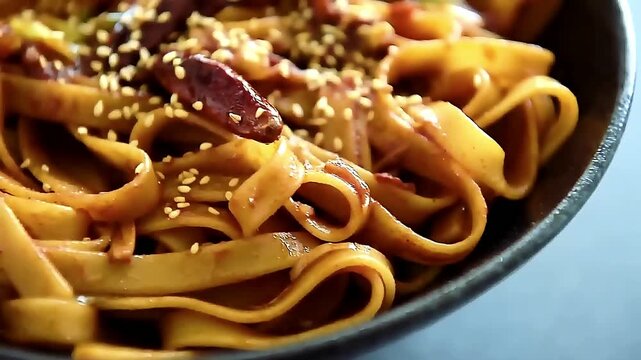 Restaurant style pasta noodles with premium presentation. Suitable for menus, food branding, catering brochures, and commercial stock video.