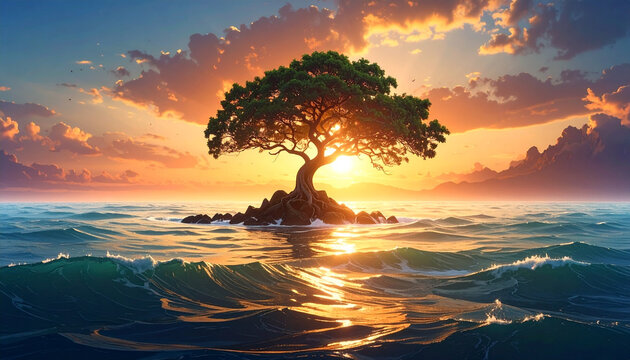 Tranquil tree on island at sunset with golden light and ocean view