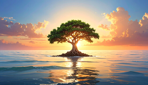 Tranquil tree stands alone in ocean illuminated by golden sunlight