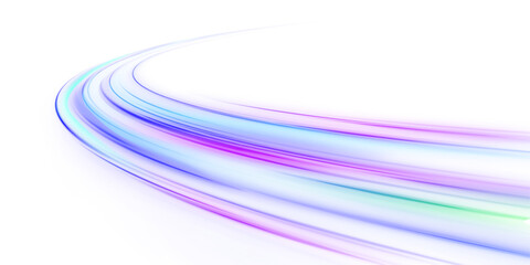 Neon laser motion lines ripple along city road, highway traffic. Blue, purple light trail forms futuristic energy, guiding speed and motion in a smooth flowing wave. Vector png Illustration. © ikril