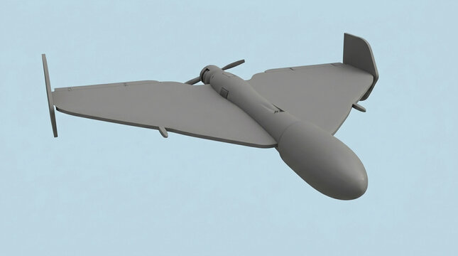 loitering munition drone with pusher propeller, delta wings, twin vertical stabilizers, and large bulbous warhead nose, viewed from above against blue background, kamikaze drone 