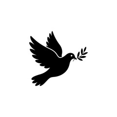 Obraz premium A black and white vector icon of a flying dove holding an olive branch. This minimalist bird silhouette represents peace and is ideal for logos, signs, and branding.