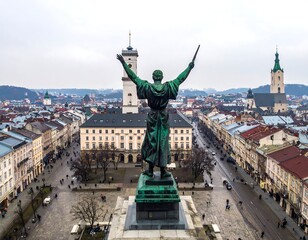 Statue overlooks a bustling European city square on an overcast day, featuring historical architecture