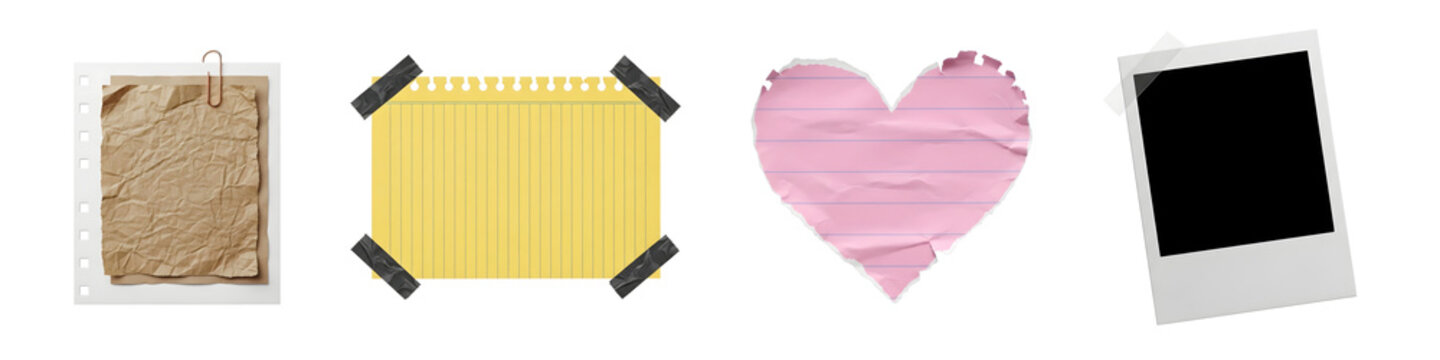 Crumpled Paper and Polaroid Photo Frame Set PNG. Lined Yellow Paper with Tape, Ripped Pink Heart and Paperclip on Memo Pad, Transparent Background