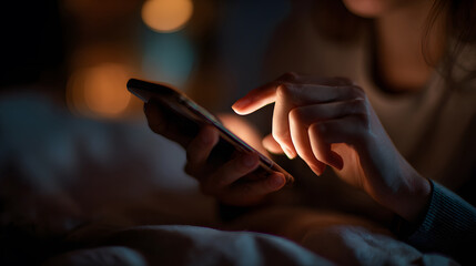 Obraz premium Close-up of hands interacting with smartphone screen at night