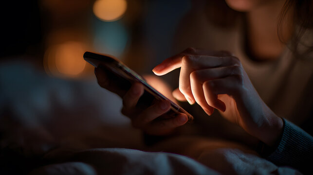Close-up of hands interacting with smartphone screen at night