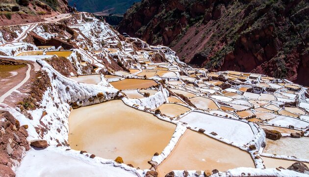 Terraced ponds hold water, forming a geometric pattern in a desert landscape with rocky hillsides in the background