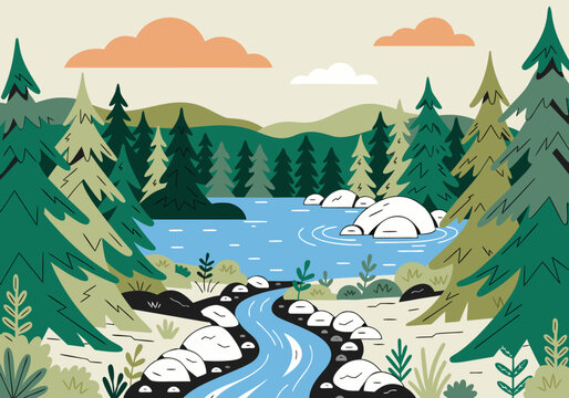 Rural Forest Creek and Pine Trees Flat Vector Landscape